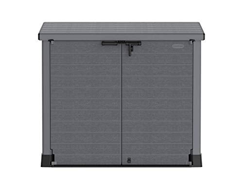 Duramax Cedargrain StoreAway 1200L Plastic Garden Storage Shed / Flat Lid - Outdoor Storage Bike Shed – Durable & Strong Construction– Ideal for Tools, Bikes, BBQs & 2x 240L Bins, 145x85x125 cm, Grey