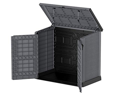 Duramax Cedargrain StoreAway 1200L Plastic Garden Storage Shed / Flat Lid - Outdoor Storage Bike Shed – Durable & Strong Construction– Ideal for Tools, Bikes, BBQs & 2x 240L Bins, 145x85x125 cm, Grey