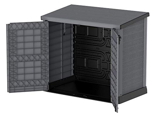 Duramax Cedargrain StoreAway 1200L Plastic Garden Storage Shed / Flat Lid - Outdoor Storage Bike Shed – Durable & Strong Construction– Ideal for Tools, Bikes, BBQs & 2x 240L Bins, 145x85x125 cm, Grey