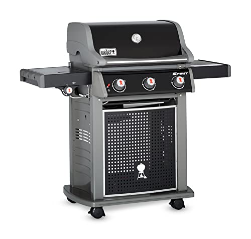 Weber Spirit E-320 Classic Gas Grill Barbeque | BBQ Grill with 3 Burners & Sideburner | Cast Aluminium Lid Cover & Body | Fixed Side Table & Cupboard | Portable Stand on Wheels - Black (46415074)