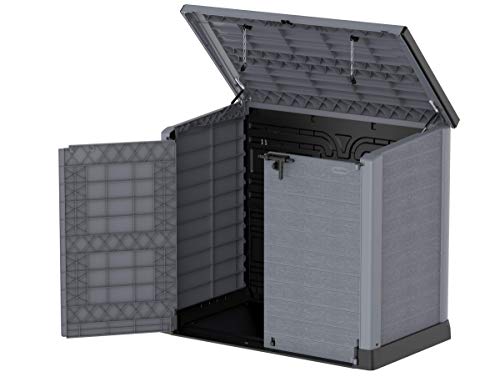Duramax Cedargrain StoreAway 1200L Plastic Garden Storage Shed / Flat Lid - Outdoor Storage Bike Shed – Durable & Strong Construction– Ideal for Tools, Bikes, BBQs & 2x 240L Bins, 145x85x125 cm, Grey