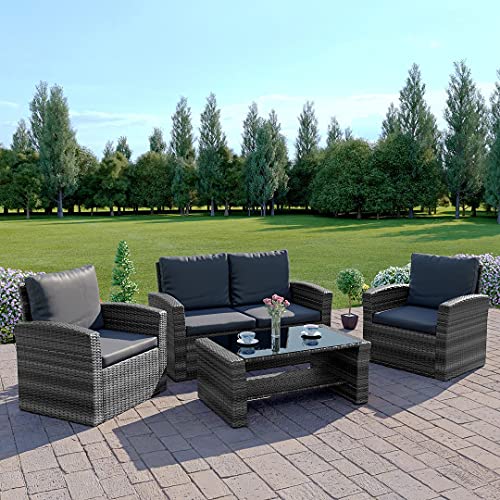 Abreo Mixed Grey Rattan Weave Sofa Set Garden Furniture Conservatory Light/Dark Cushions (Dark Mixed Grey with Dark Cushions, 2 Seater Sofa) INCLUDES OUTDOOR WATERPROOF PROTECTIVE COVER