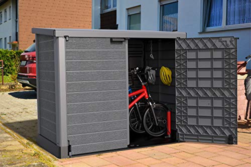 Duramax Cedargrain StoreAway 1200L Plastic Garden Storage Shed / Flat Lid - Outdoor Storage Bike Shed – Durable & Strong Construction– Ideal for Tools, Bikes, BBQs & 2x 240L Bins, 145x85x125 cm, Grey