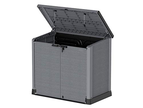 Duramax Cedargrain StoreAway 1200L Plastic Garden Storage Shed / Flat Lid - Outdoor Storage Bike Shed – Durable & Strong Construction– Ideal for Tools, Bikes, BBQs & 2x 240L Bins, 145x85x125 cm, Grey
