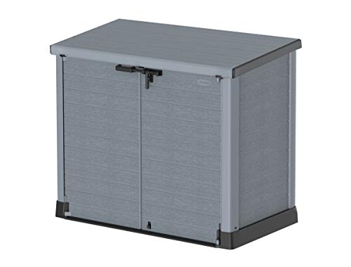 Duramax Cedargrain StoreAway 1200L Plastic Garden Storage Shed / Flat Lid - Outdoor Storage Bike Shed – Durable & Strong Construction– Ideal for Tools, Bikes, BBQs & 2x 240L Bins, 145x85x125 cm, Grey