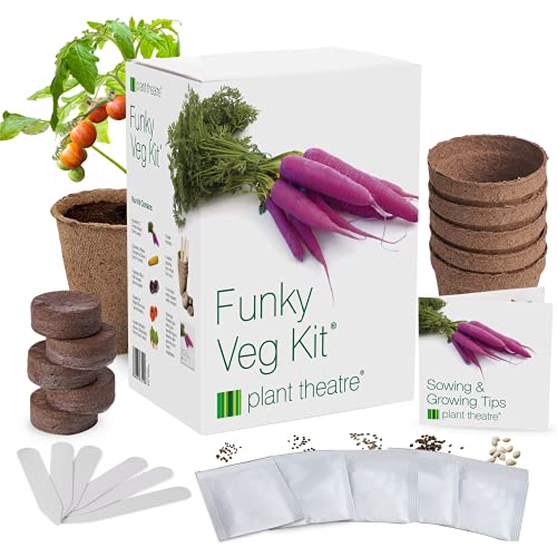 Plant Theatre Vegetable Seeds - Funky Veg Kit w/ 5 Seed Sachets, Pots, Peat Discs & Markers - Indoor and Outdoor Grow Your Own Kits - Gardening Gifts for Men and Women