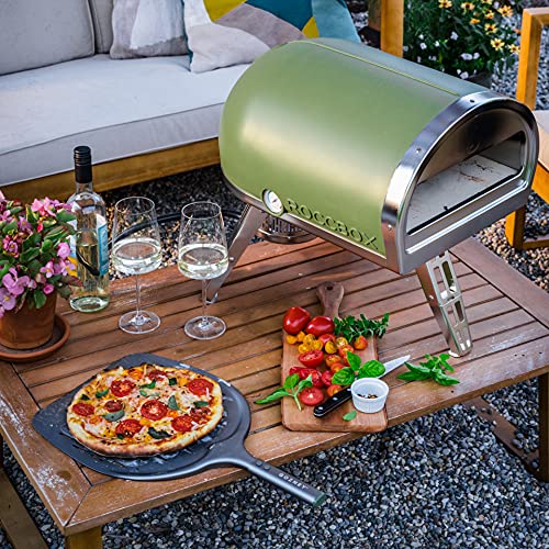 Gozney Roccbox Portable Outdoor Pizza Oven - Includes Professional Grade Pizza Peel, Built-In Thermometer and Safe Touch Silicone Jacket - Propane Gas Fired, With Rolling Wood Flame - New Olive Green