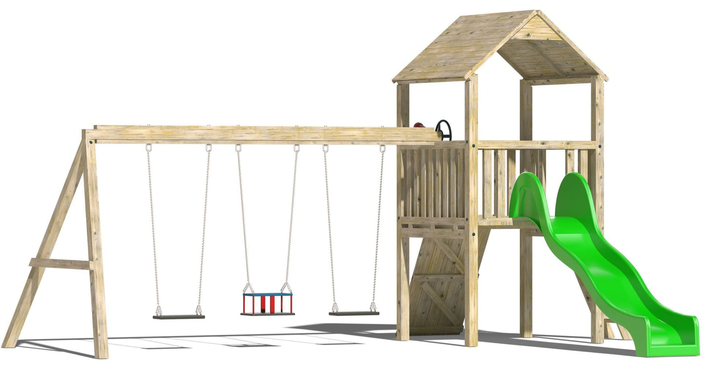 Kids Wooden Climbing Frame with Swings, Slide and Rockwall - Commercial Stacks Mountain