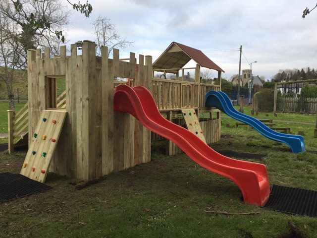 Kids Wooden Climbing Frame with Two Slides and Rockwall - Commercial Castle