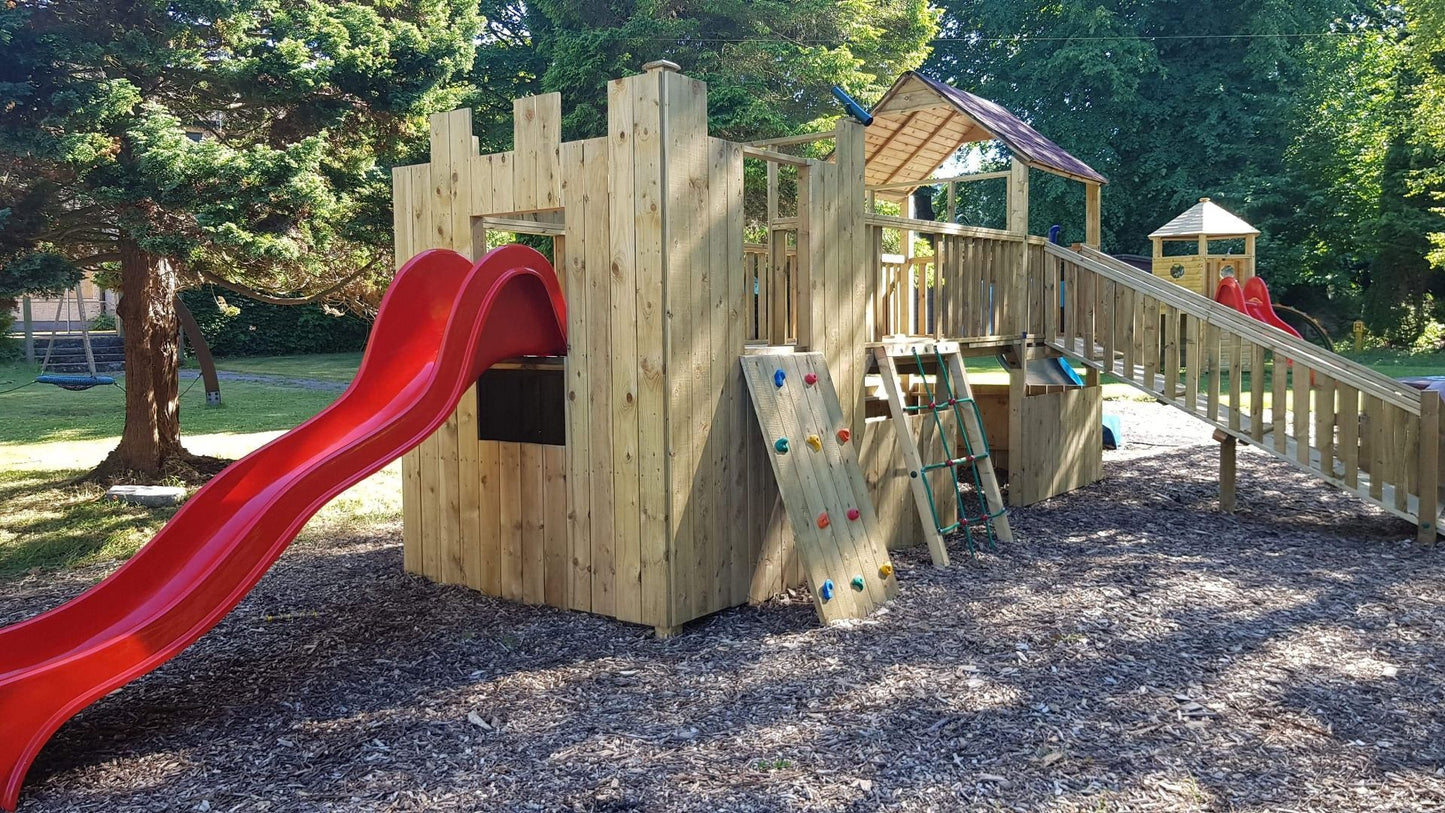 Kids Wooden Climbing Frame with Two Slides and Rockwall - Commercial Castle