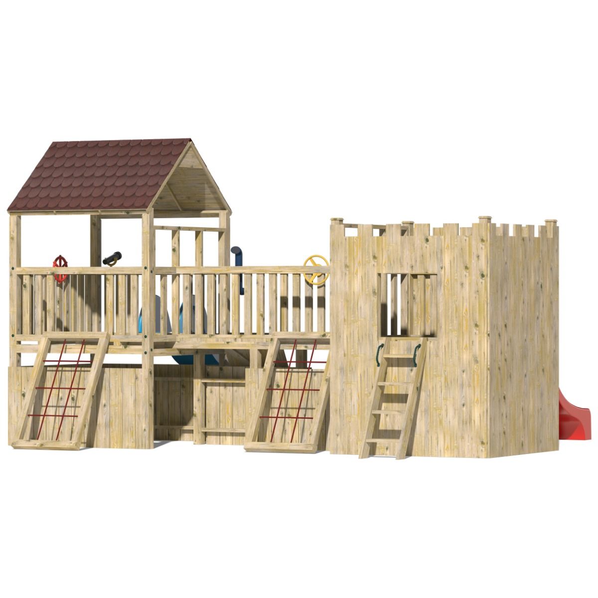 Kids Wooden Climbing Frame with Two Slides and Rockwall - Commercial Castle