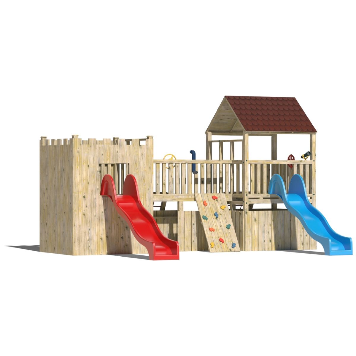 Kids Wooden Climbing Frame with Two Slides and Rockwall - Commercial Castle