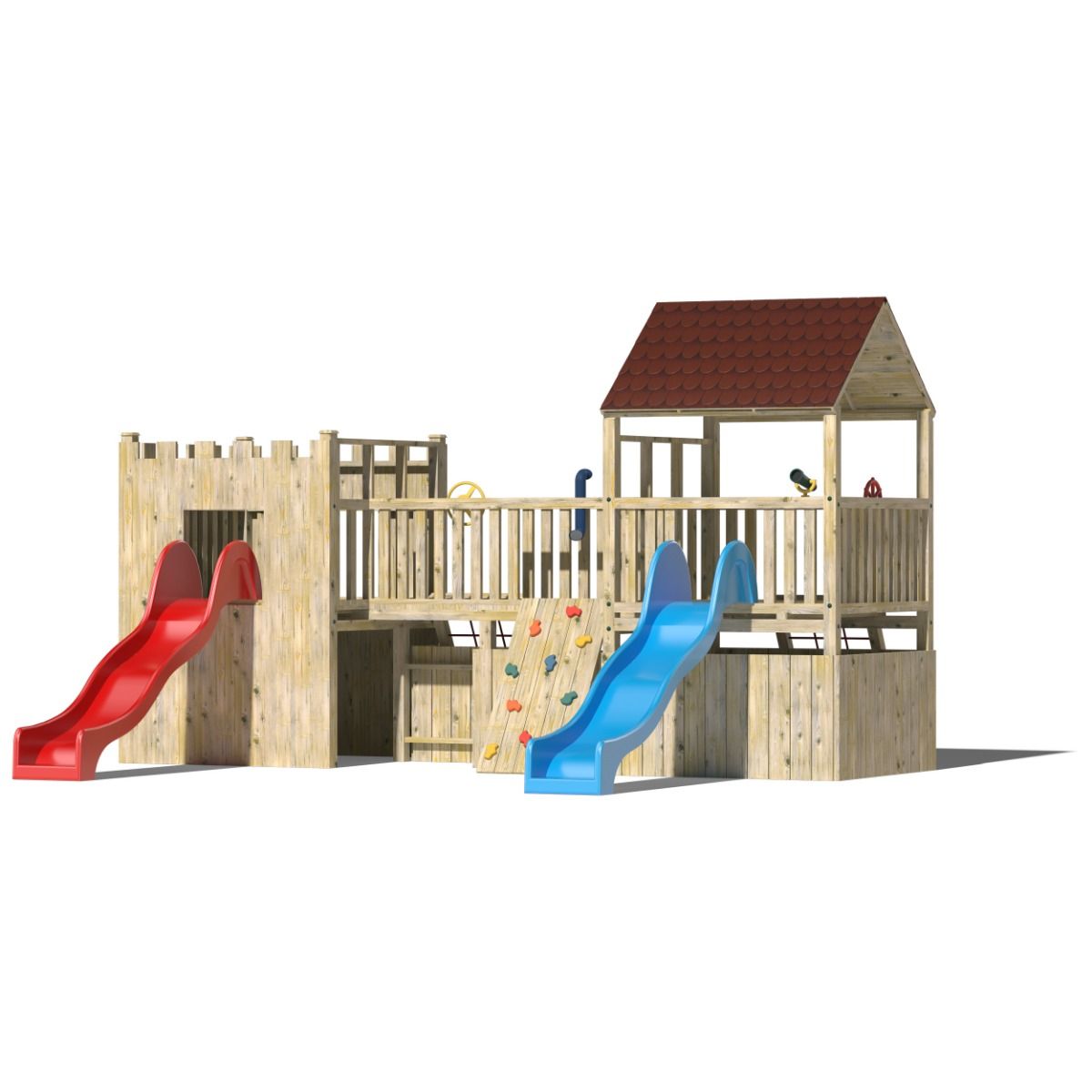 Kids Wooden Climbing Frame with Two Slides and Rockwall - Commercial Castle