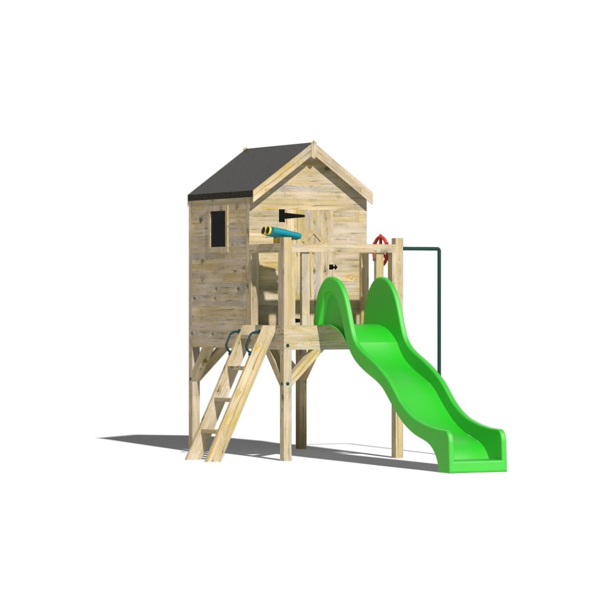 Kids Wooden Playhouse with Slide, Steps and Fireman's Pole - Commercial Dollys Playhouse