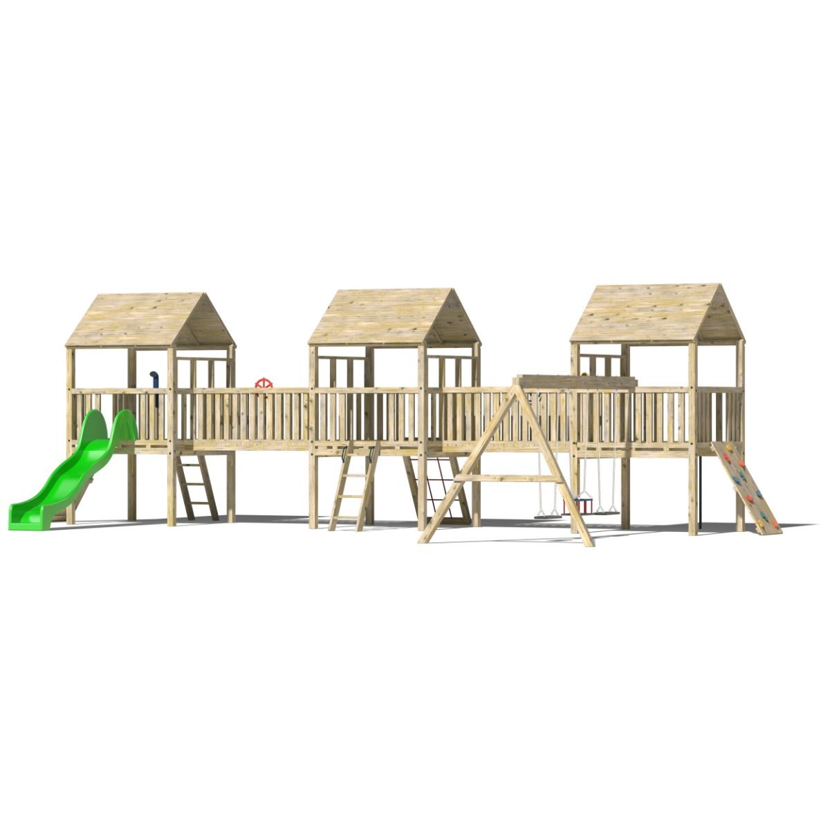 Kids Wooden Climbing Frame with Triple Platforms, Slide & Rockwalls - Commercial Munter