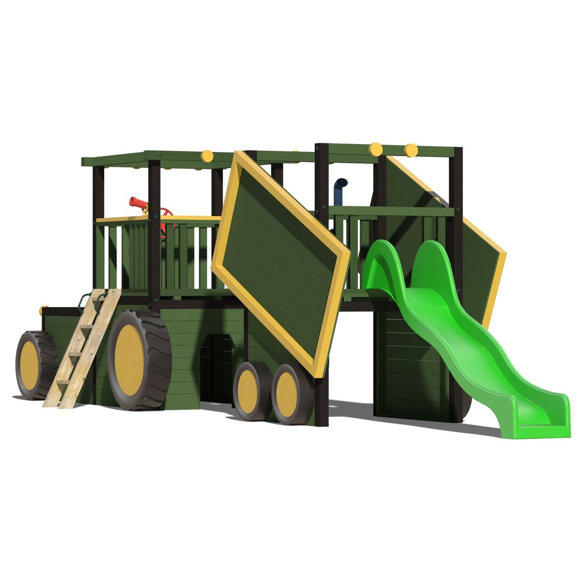 Kids Climbing Frame Complete with 2 Sets of Steps, Slide and Rockwall - Commercial Tractor and Trailer