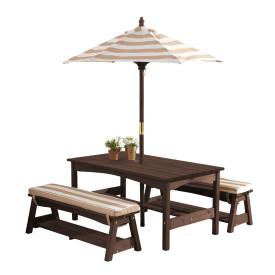 Outdoor Table & Bench Set with Cushions & Umbrella - Oatmeal & White Stripes