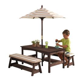 Outdoor Table & Bench Set with Cushions & Umbrella - Oatmeal & White Stripes
